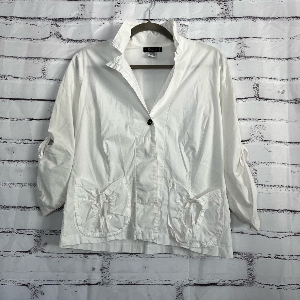 XCVI White Lightweight Button Front Jacket Women’s S Ruched Pockets Cropped - Picture 7 of 14
